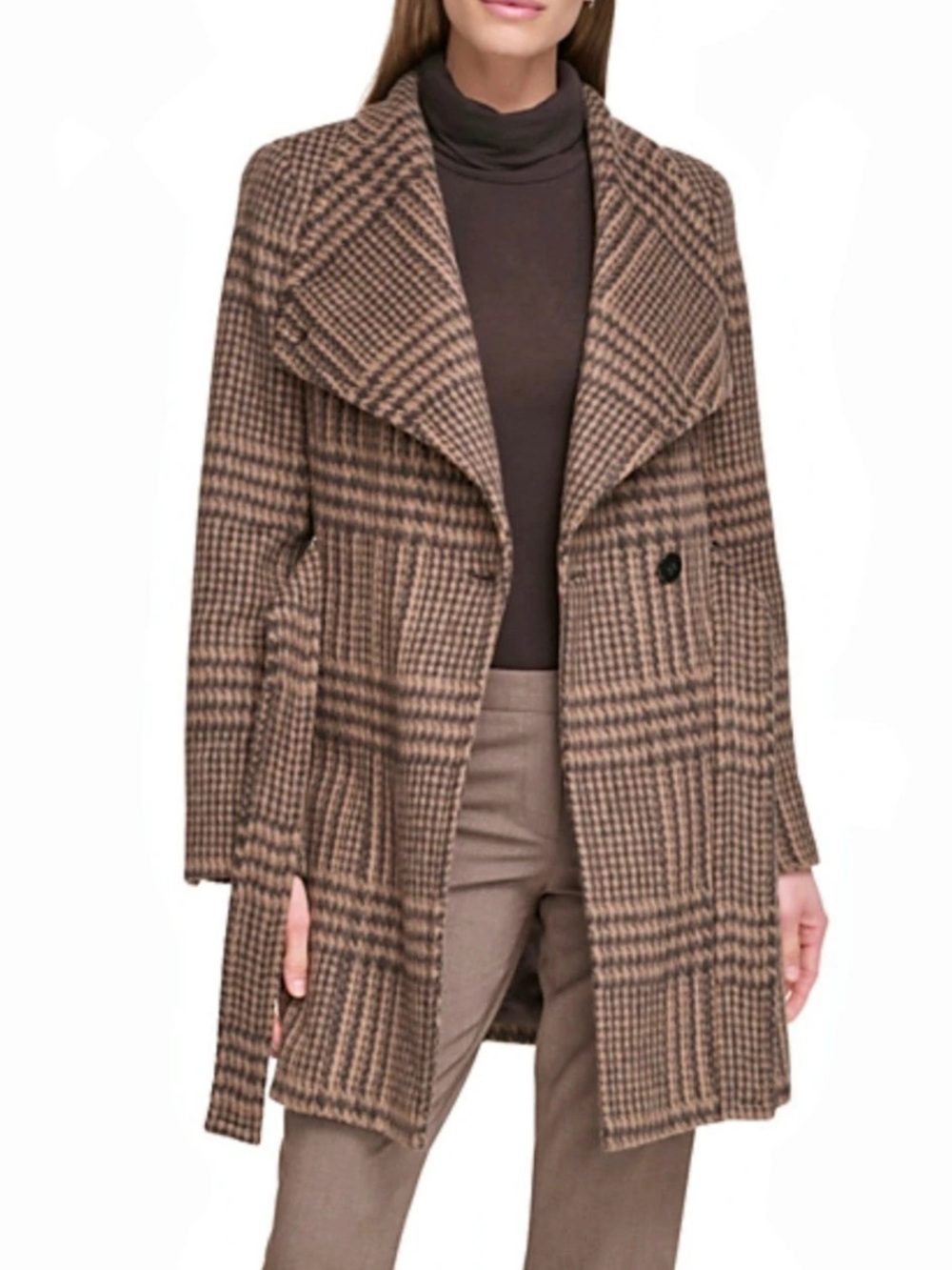 Calvin Klein Glen Plaid Double-Breasted Trench Coat Brown & Black XL